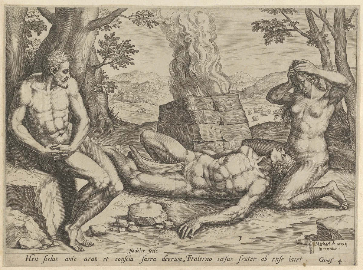 Adam and Eve mourning the death of Abel, plate 3 from "The Story of Cain and Abel" by Johann Sadeler I, print, 1576