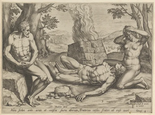 Adam and Eve mourning the death of Abel, plate 3 from "The Story of Cain and Abel" by Johann Sadeler I, print, 1576