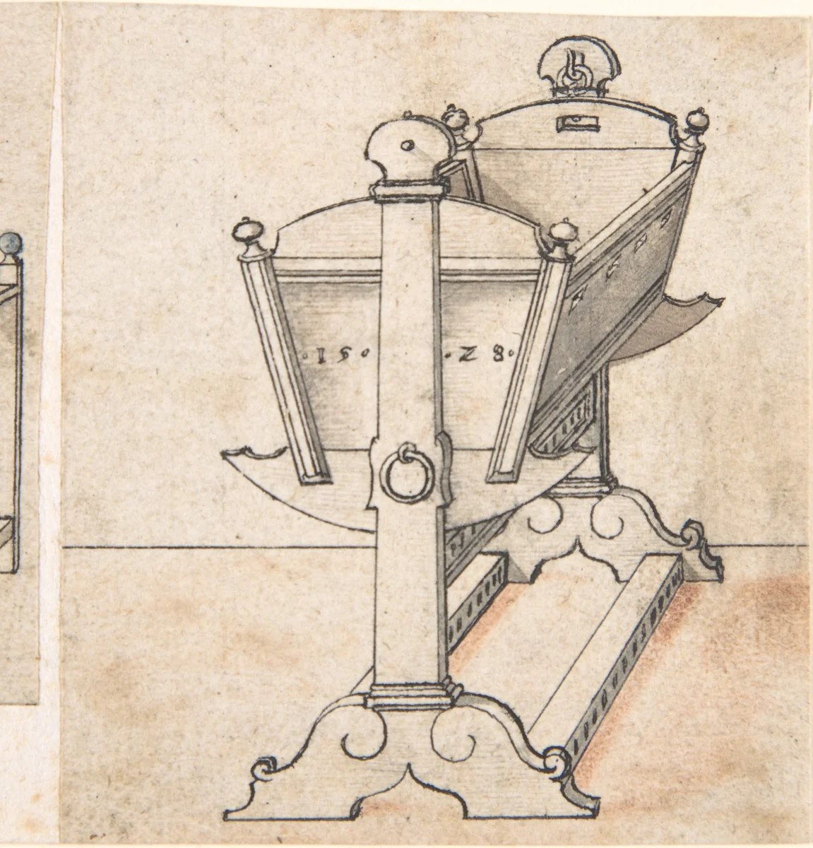 Perspectival Drawing of a Cradle by Peter Flötner, drawing, 1500-1546