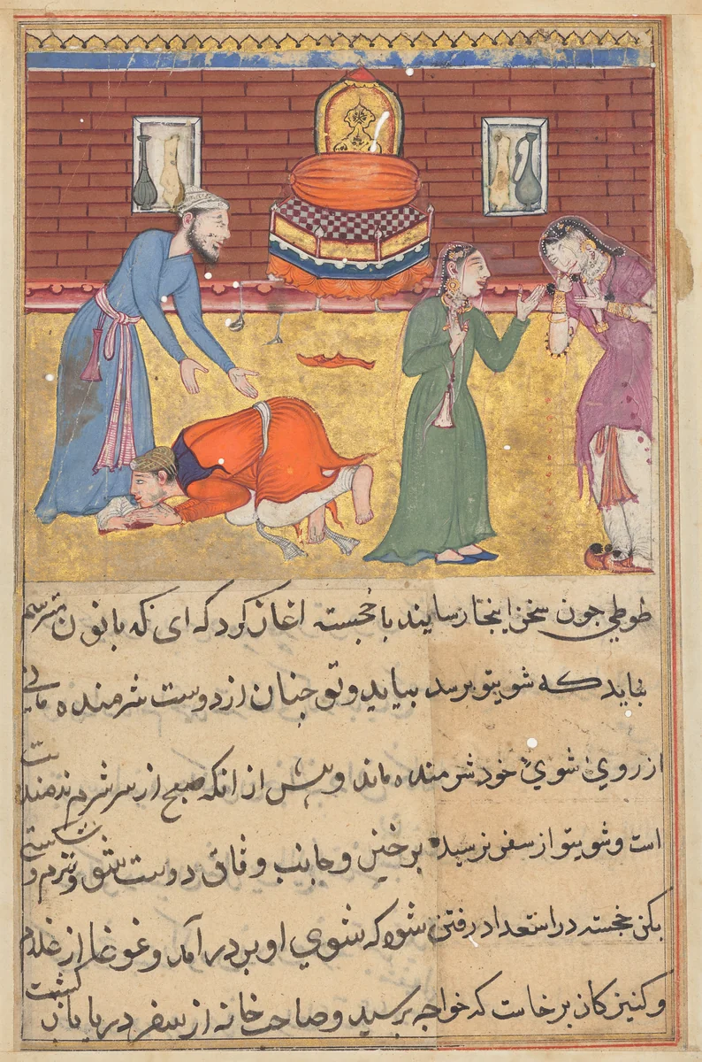 The pious man’s son, now a king, reveals himself to his father; his nurse upbraids his unfaithful mother, from a Tuti-nama (Tales of a Parrot): Fifty-second Night by Unknown, painting, 1555-1565