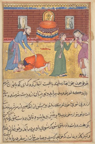 The pious man’s son, now a king, reveals himself to his father; his nurse upbraids his unfaithful mother, from a Tuti-nama (Tales of a Parrot): Fifty-second Night by Unknown, painting, 1555-1565
