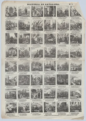 Broadside with 48 scenes representing the history of Catalonia by Antonio Bosch, print, 1864