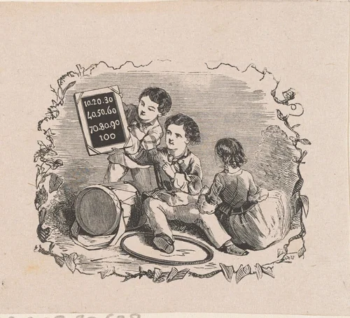 Drie kinderen met een trommel, een hoepel en een krijtbord by Isaac Weissenbruch, print, 1836-1912