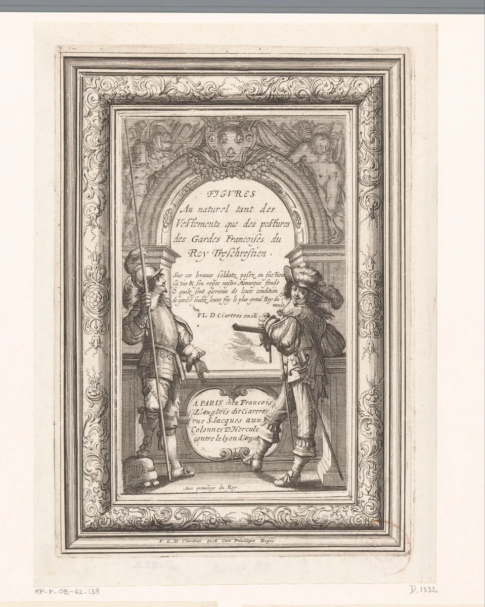Titelprent met twee koninklijke soldaten bij een balustrade by Abraham Bosse, print, 1639