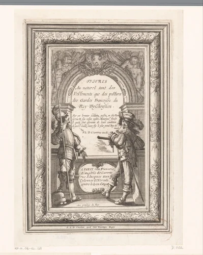 Titelprent met twee koninklijke soldaten bij een balustrade by Abraham Bosse, print, 1639