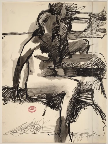 Untitled [two seated female nudes facing right] by Richard Diebenkorn, drawing, 1955-1967
