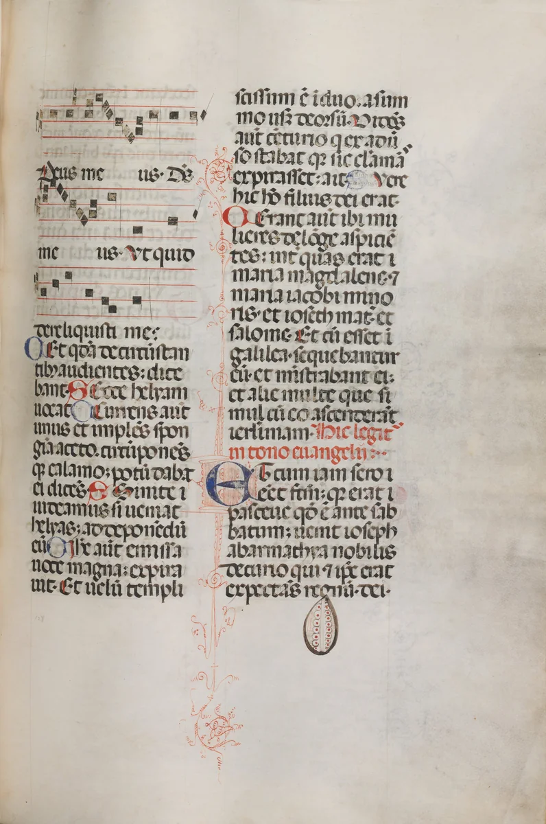 Missale: Fol. 129: contains music for "Hely Hely Lama etc." within St. Mattion Passion by Bartolommeo Caporali, book, 1469