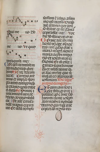 Missale: Fol. 129: contains music for "Hely Hely Lama etc." within St. Mattion Passion by Bartolommeo Caporali, book, 1469