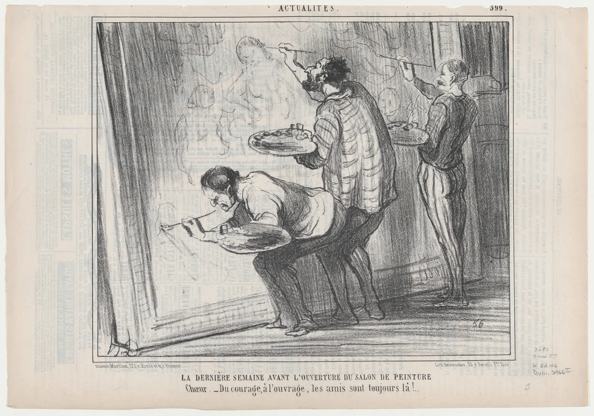 La Dernière Semaine avant L'Ouverture du Salon de Peinture, from Actualités, published in Le Charivari, May 9, 1857 by Honoré Daumier, print, 1857