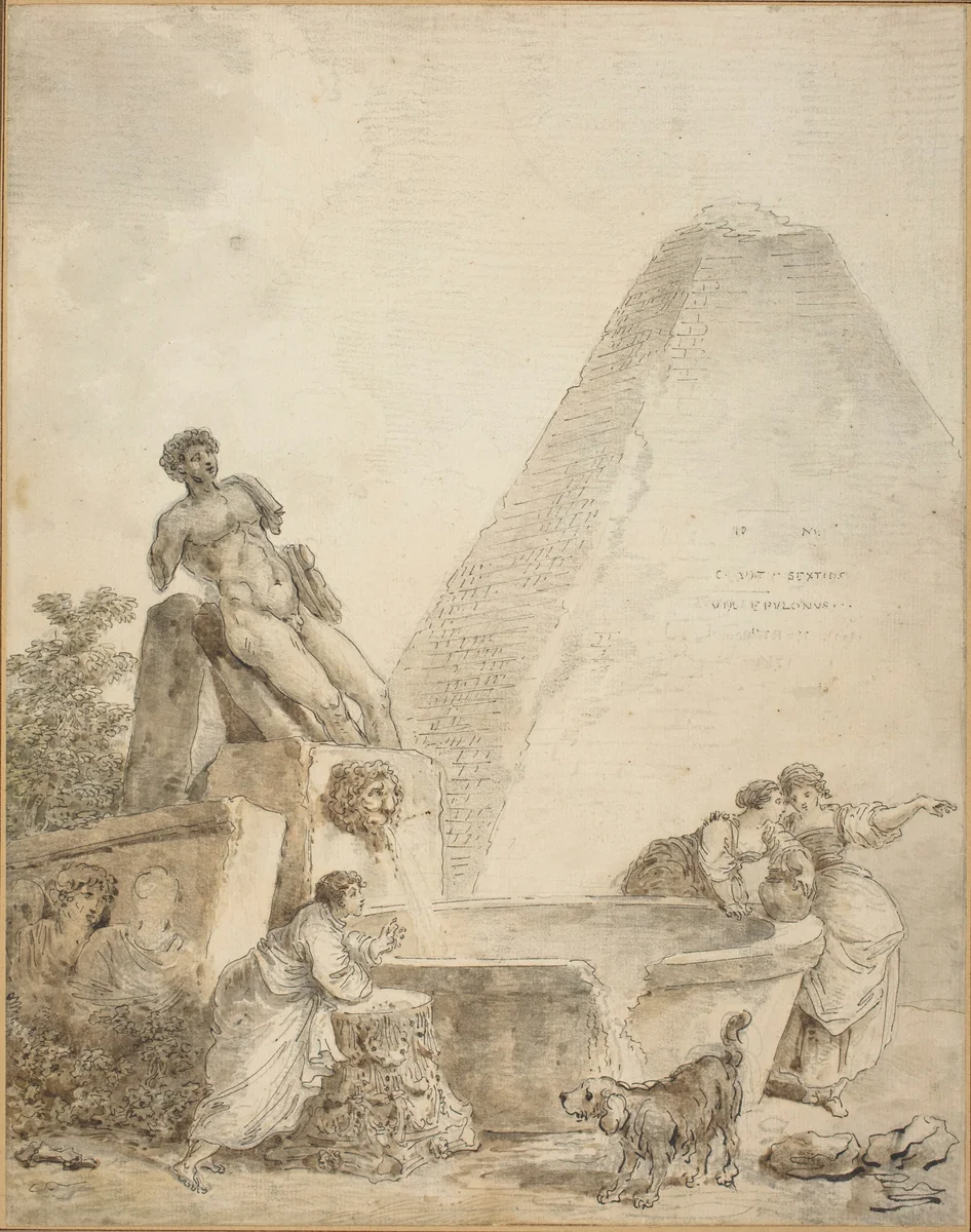 A Roman Capriccio with the Pyramid of Gaius Cestius by Hubert Robert, drawing, 1781-1790