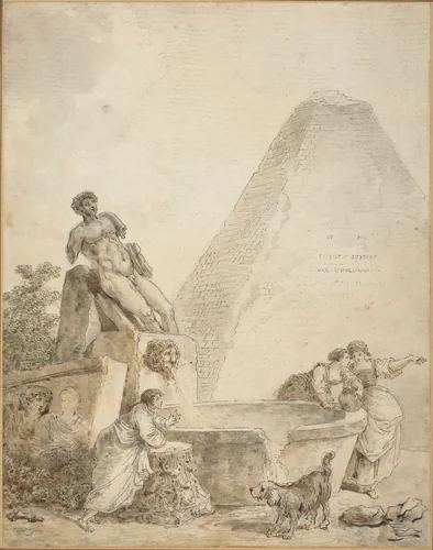 A Roman Capriccio with the Pyramid of Gaius Cestius by Hubert Robert, drawing, 1781-1790