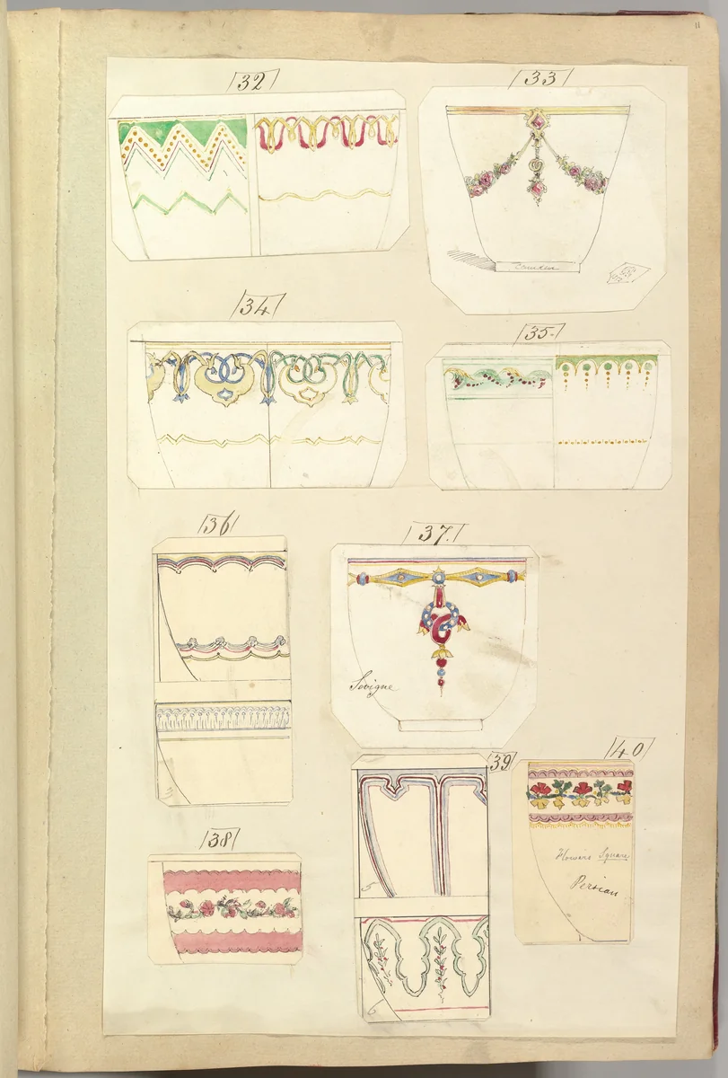 Fourteen Designs for Decorated Cups, including "Camden", Sevigne" and "Persian" Patterns by Alfred Forrester, drawing, 1852