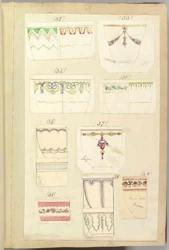 Fourteen Designs for Decorated Cups, including "Camden", Sevigne" and "Persian" Patterns by Alfred Forrester, drawing, 1852