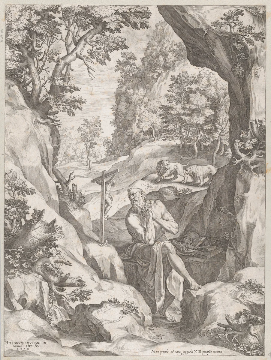 St Jerome Penitent in the Wilderness by Cornelis Cort, print, 1573