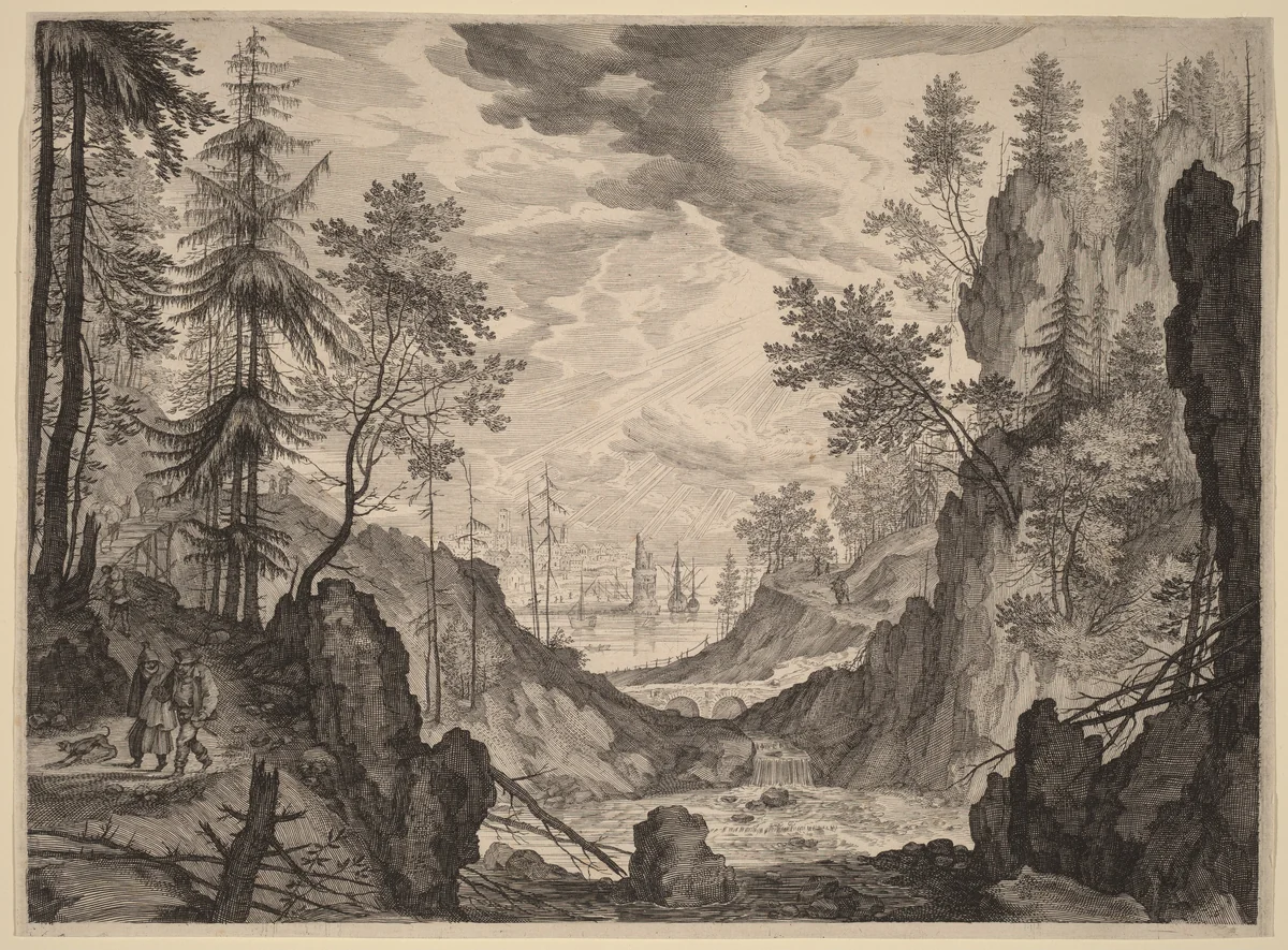Woodland Scene with a Waterfall by Aegidius Sadeler Roelandt Savery, print, 1609