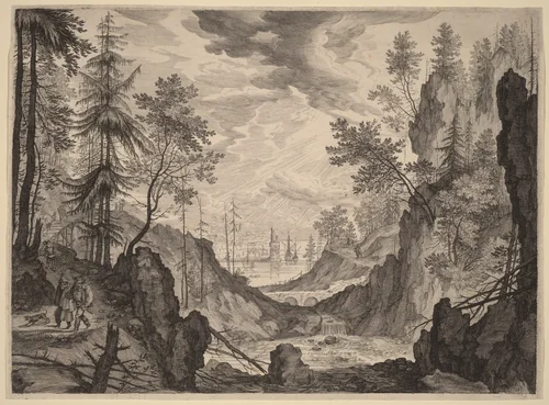 Woodland Scene with a Waterfall by Aegidius Sadeler Roelandt Savery, print, 1609