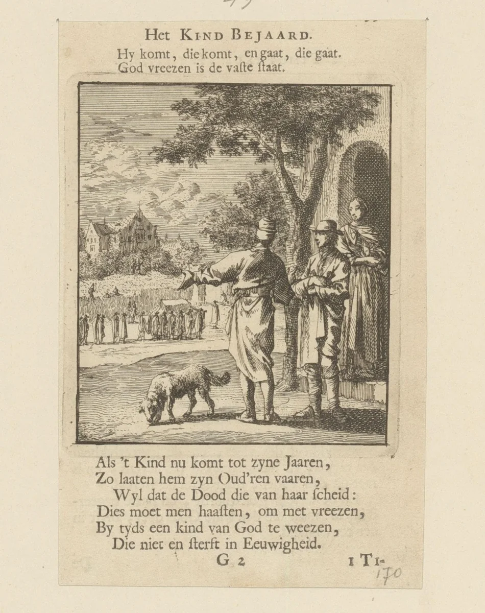 Drie mensen kijken naar een begrafenis by Jan Luyken, print, 1712