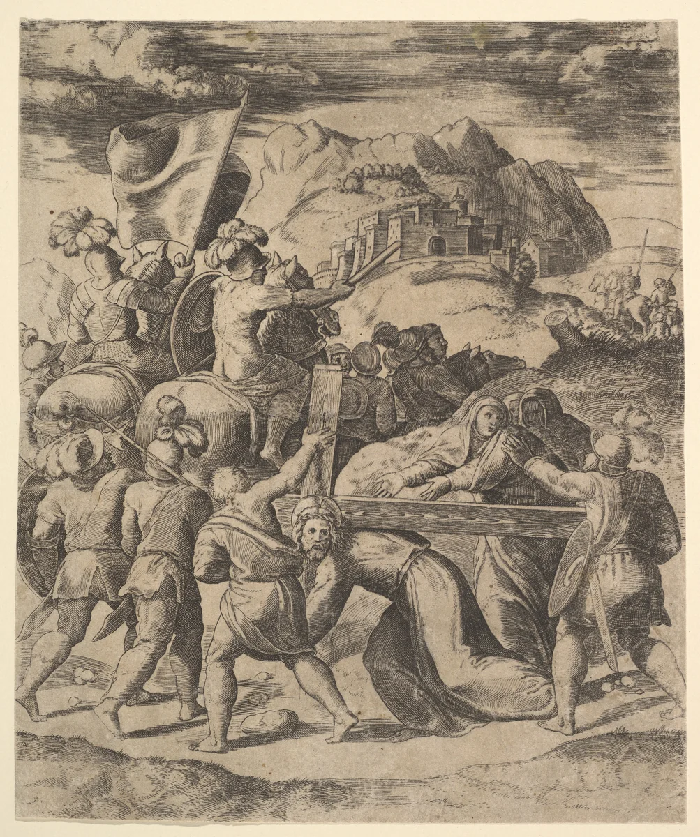 Christ carrying the cross surrounded by soldiers, several on horseback by Master of the Die, print, 1530-1560