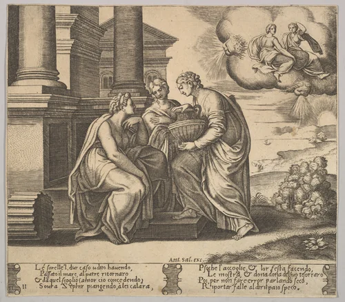 Plate 11: Psyche gives presents to her sisters, from "The Fable of Cupid and Psyche" by Master of the Die, print, 1530-1560