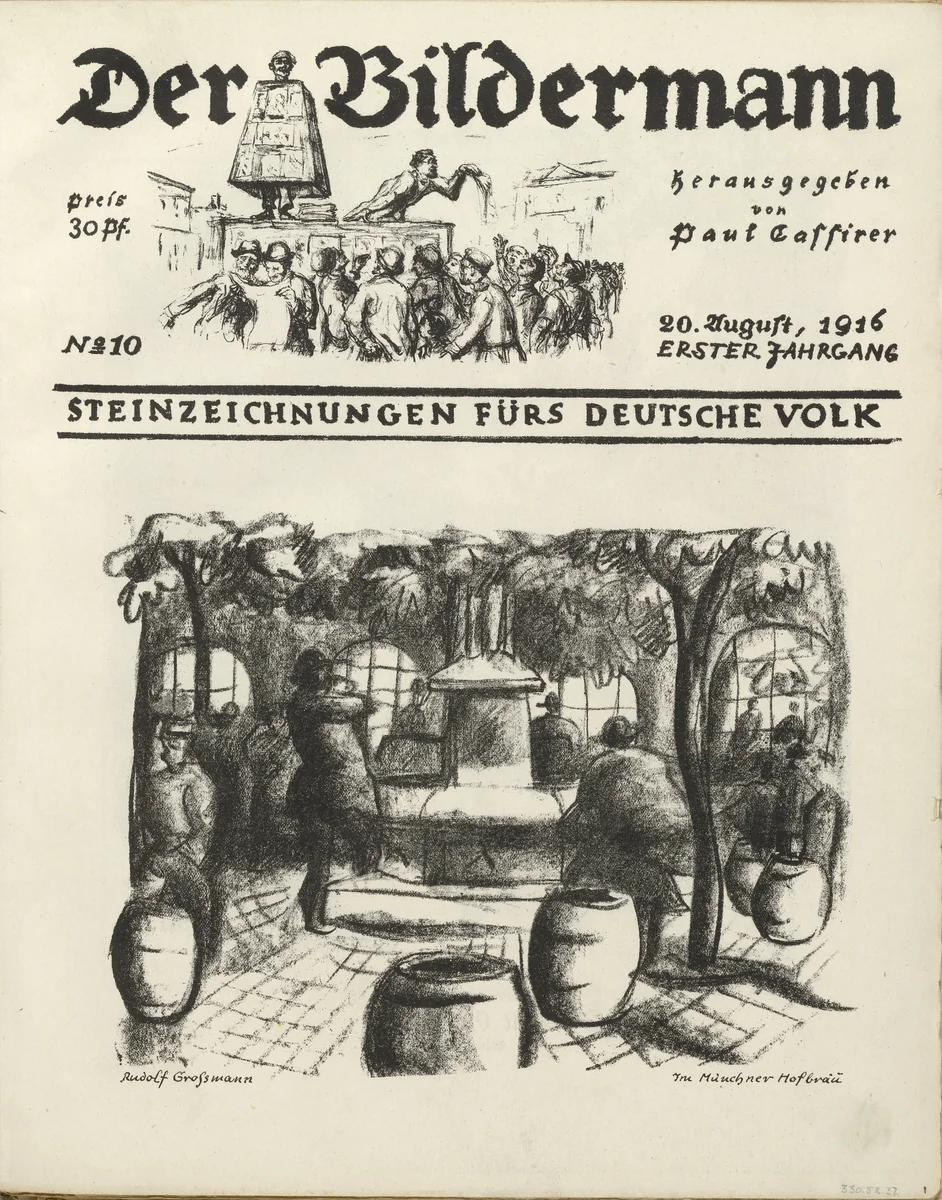 In the Munich Hofbräu (Im Münchner Hofbräu) (front cover, folio 20) from the periodical Der Bildermann, vol. 1, no. 10 (Aug 1916) by Rudolf Grossmann, periodical, 1916