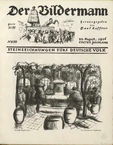In the Munich Hofbräu (Im Münchner Hofbräu) (front cover, folio 20) from the periodical Der Bildermann, vol. 1, no. 10 (Aug 1916) by Rudolf Grossmann, periodical, 1916