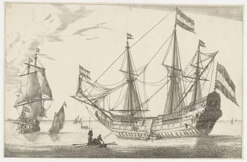 Groot zeilschip en een roeiboot by anonymous, print, 1650-1714