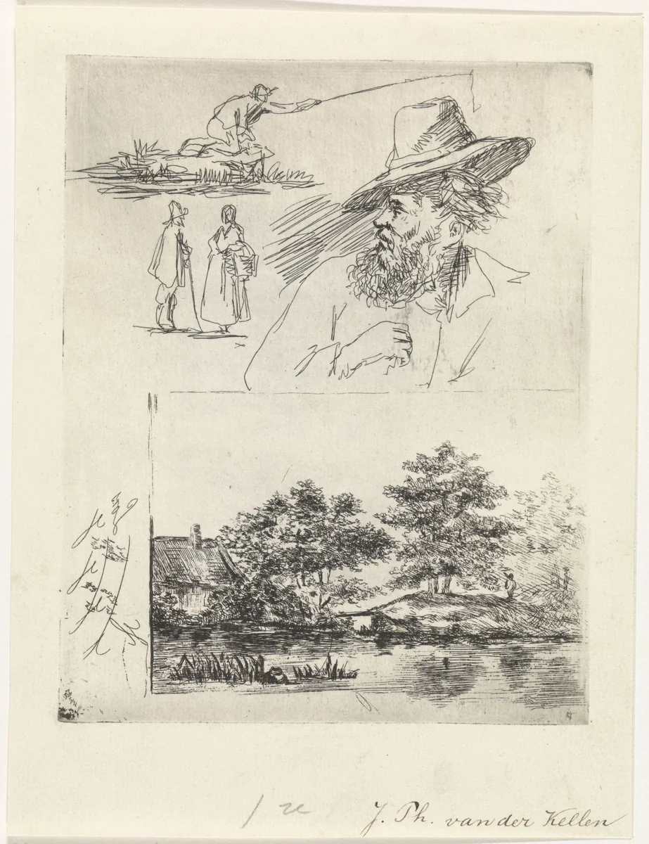 Studieblad met vier figuren en een landschap by Johan Philip van der Kellen, print, 1841-1878