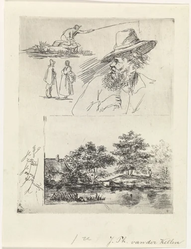 Studieblad met vier figuren en een landschap by Johan Philip van der Kellen, print, 1841-1878