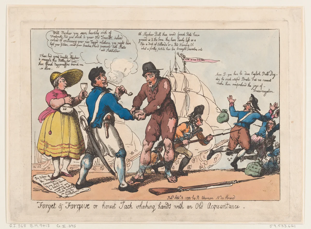 Forget & Forgive, or Honest Jack Shaking Hands with and Old Acquaintance by Thomas Rowlandson, print, 1799