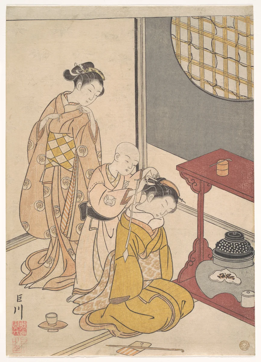 Night Rain at the Double-Shelf Stand, from the series Eight Parlor Views (Zashiki hakkei) by Suzuki Harunobu (鈴木春信), print, 1756-1776