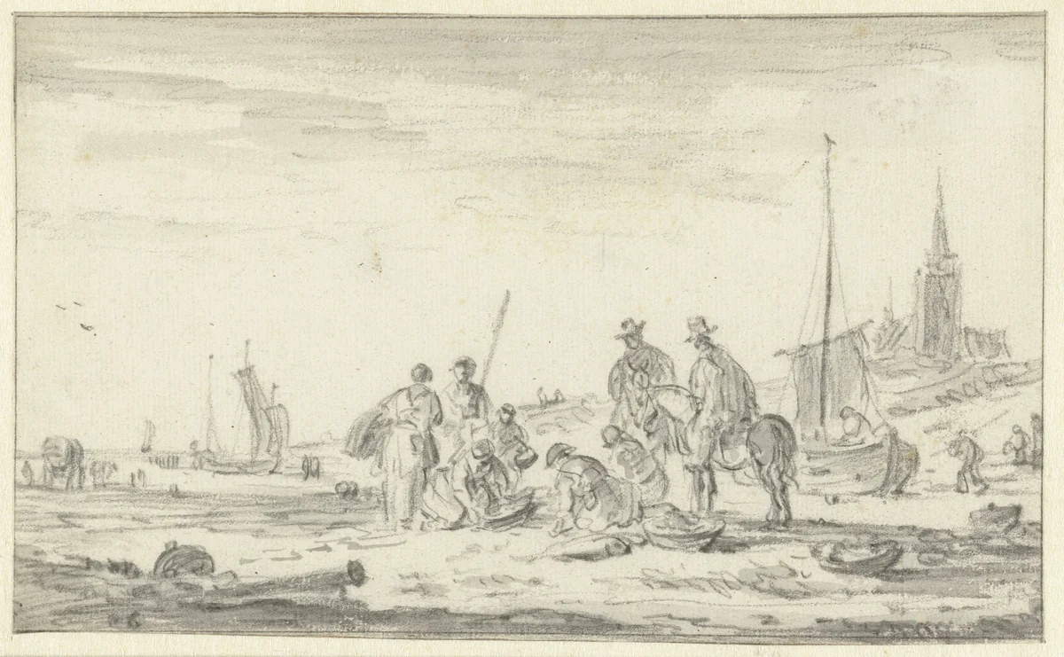 Vissers en ruiters op het strand van Scheveningen by Jan van Goyen, drawing, 1648-1652