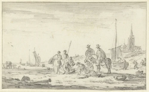 Vissers en ruiters op het strand van Scheveningen by Jan van Goyen, drawing, 1648-1652