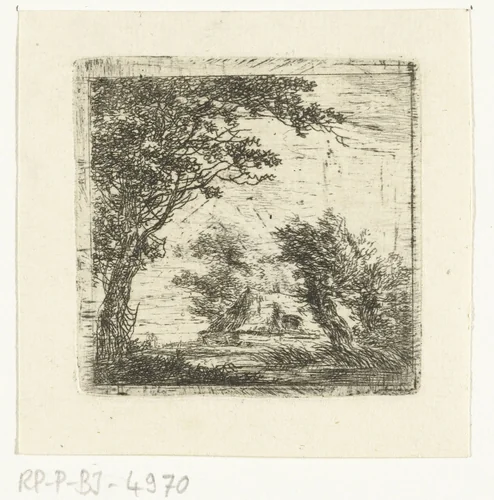 Boerenwoning tussen bomen by Hermanus van Brussel, print, 1800-1815