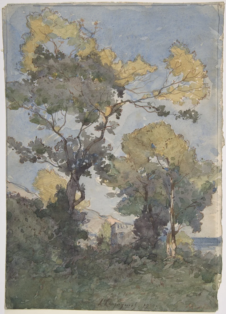 Landscape by Henri Joseph Harpignies, drawing, 1900