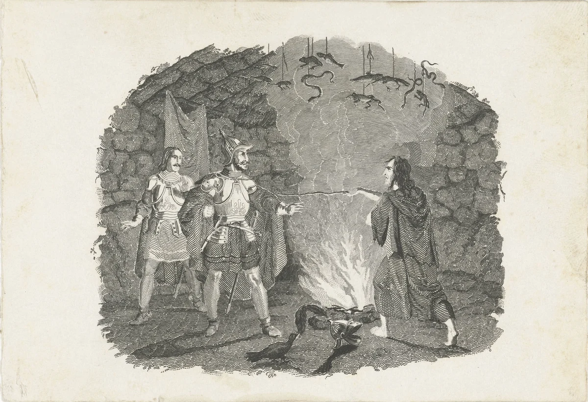Twee soldaten in de hut van een alchemist by Henricus Wilhelmus Couwenberg, print, 1830-1845