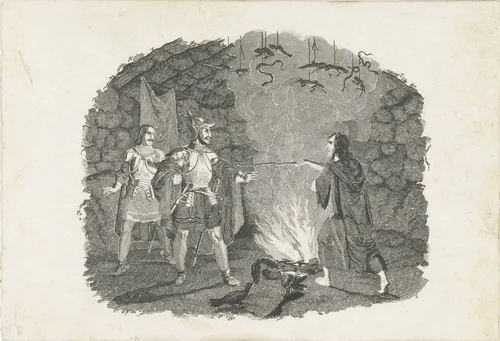 Twee soldaten in de hut van een alchemist by Henricus Wilhelmus Couwenberg, print, 1830-1845