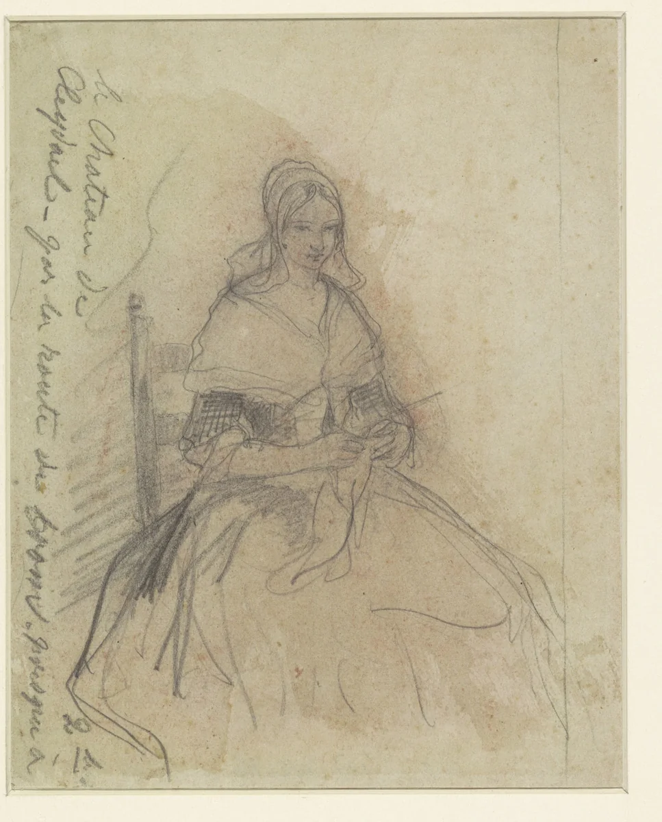Zittende breiende vrouw by Eugène François de Block, drawing, 1822-1893