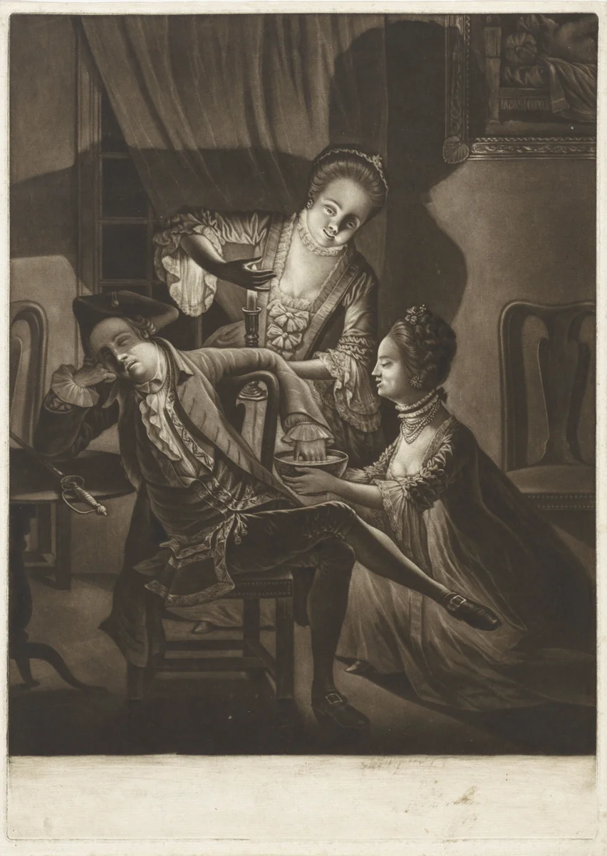 Twee vrouwen houden de hand van een slapende man in het water by John Greenwood, print, 1768
