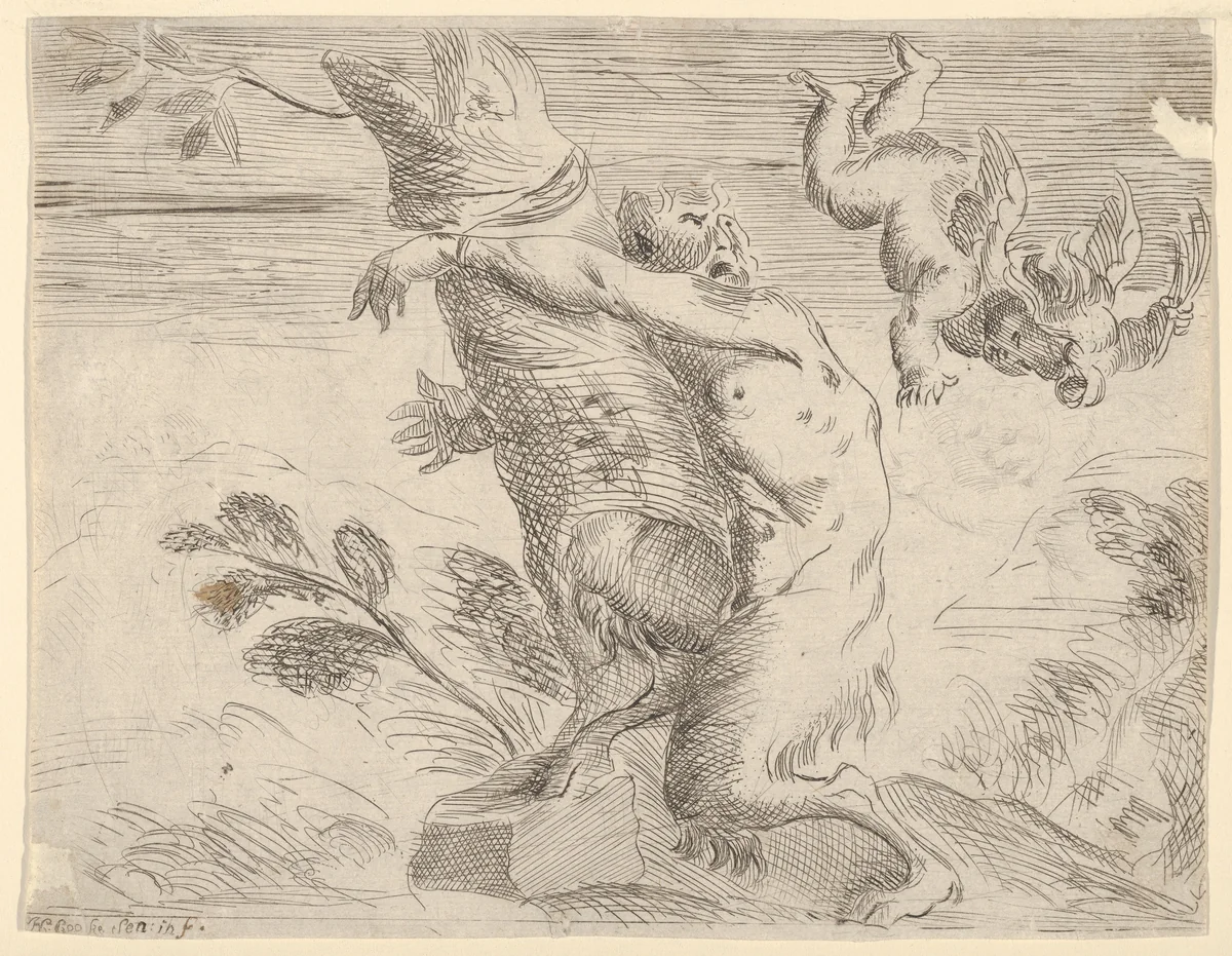 Winged putto whipping a satyr by H. Cooke, print, 1600-1700