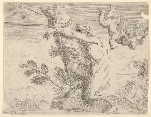 Winged putto whipping a satyr by H. Cooke, print, 1600-1700