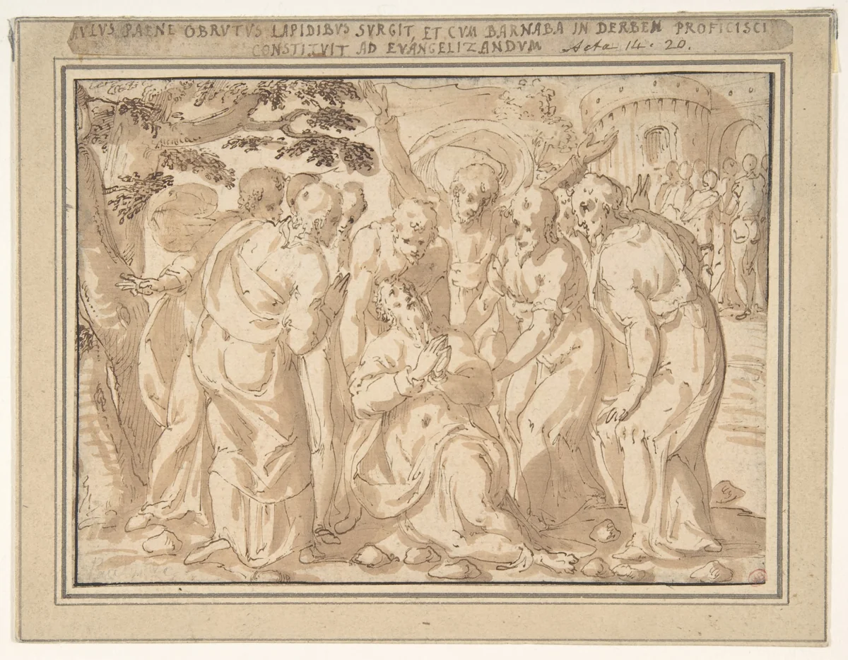 Saint Paul Surrounded by Disciples after His Lapidation at Lystra (Acts 14:20) by Giovanni Guerra, drawing, 1590-1618