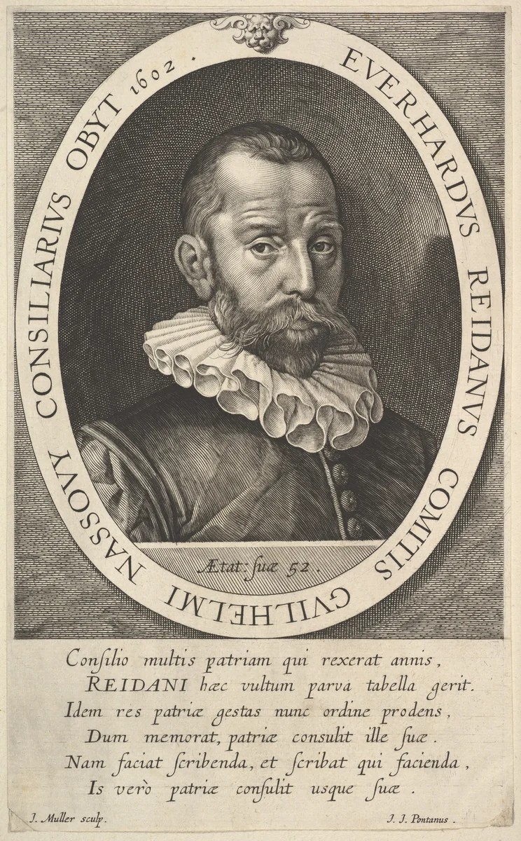 Portrait of Everhard van Reyd, Councillor of William, Prince of Orange by Jan Muller, print, 1602