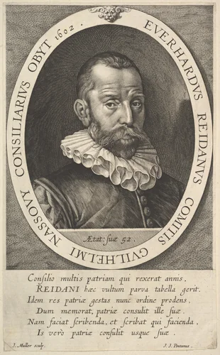 Portrait of Everhard van Reyd, Councillor of William, Prince of Orange by Jan Muller, print, 1602
