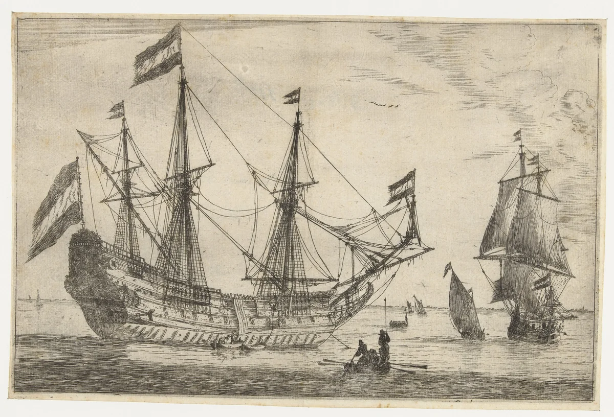 Groot zeilschip en een roeiboot by Reinier Nooms, print, 1650-1664