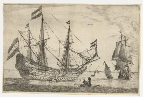 Groot zeilschip en een roeiboot by Reinier Nooms, print, 1650-1664