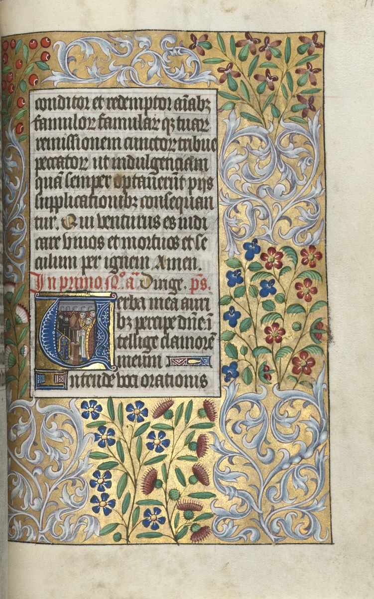 Book of Hours (Use of Rouen): fol. 110r, Opening of the Office for the Dead, Mass for the Dead in Initial by Master of the Geneva Latini, book, 1465-1475