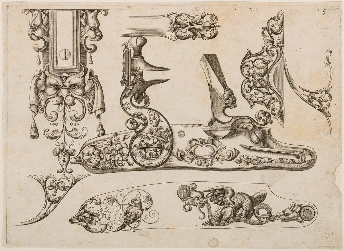 Plate Five from Plusieurs Models des plus nouuelles manieres qui sont en usage en l'Art de Arquebuzerie by C. Jacquinet, print, 1635-1685