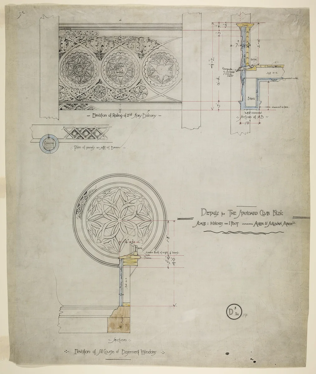 Addition and Alterations, Standard Club , Chicago, Illinois, Details by Adler and Sullivan, drawing, 1892