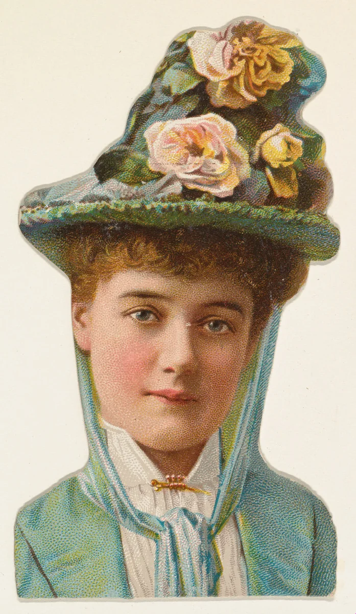 Actress wearing blue hat with flowers, from Stars of the Stage, Fourth Series (N132) issued by Duke Sons & Co. to promote Honest Long Cut Tobacco by W. Duke, Sons & Co., print, 1892-1893
