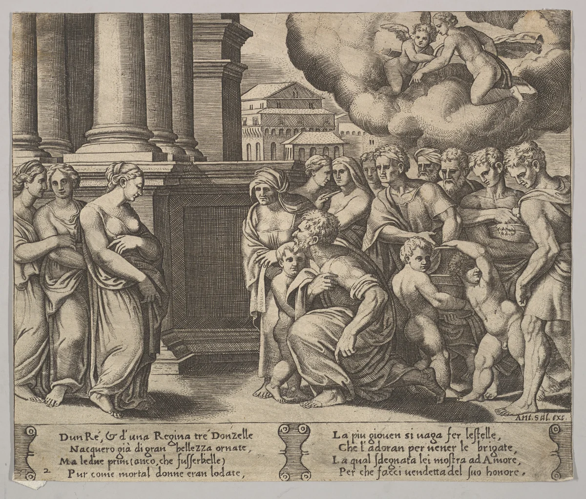 Plate 2: the people rendering divine honors to Psyche, from "The Fable of Psyche" by Master of the Die, print, 1530-1560